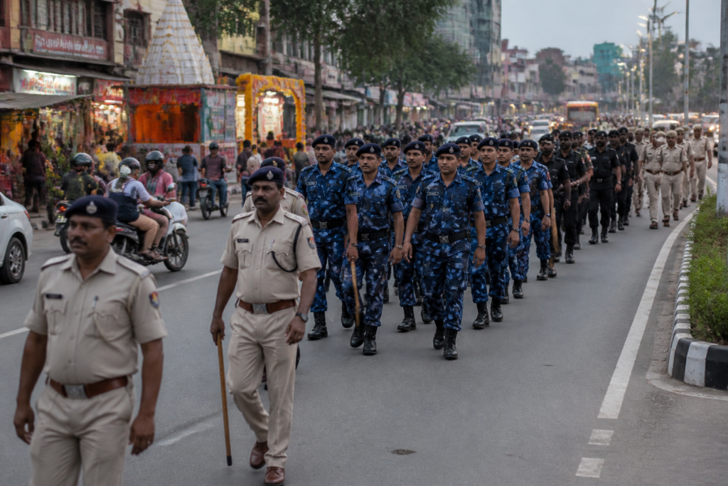 Ranchi Durga Puja security personnel conducting a flag march on a busy city road