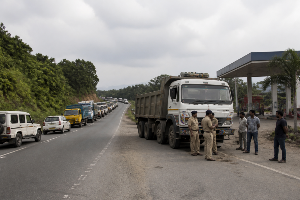 Seraikela road accident site on a bypass with a truck and traffic congestion