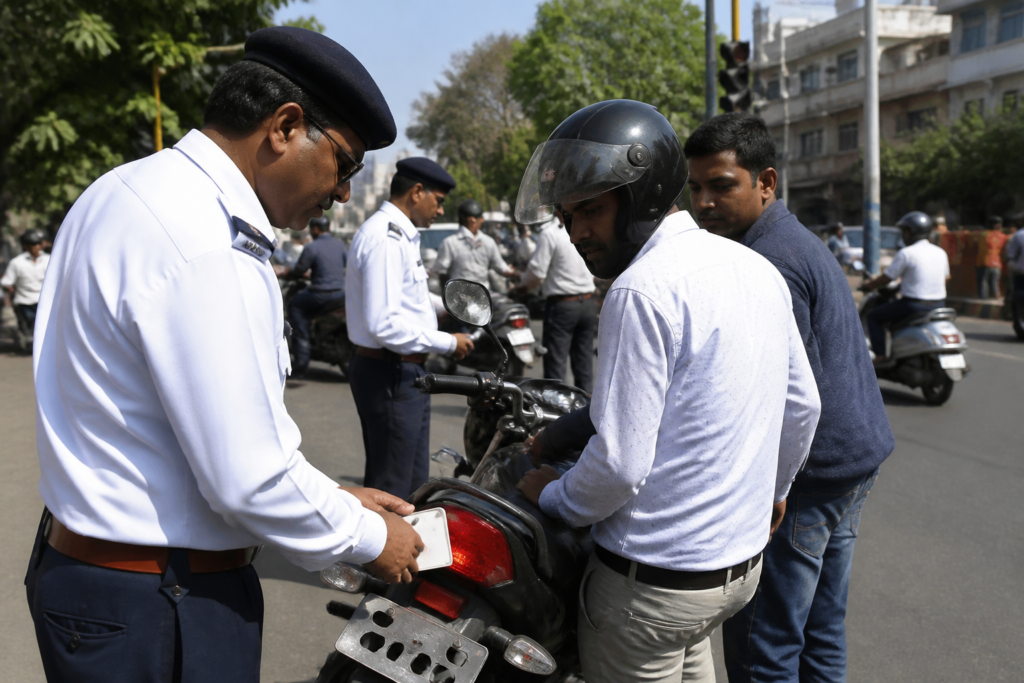 Bhopal e-challans enforcement during a roadside traffic check on two-wheelers