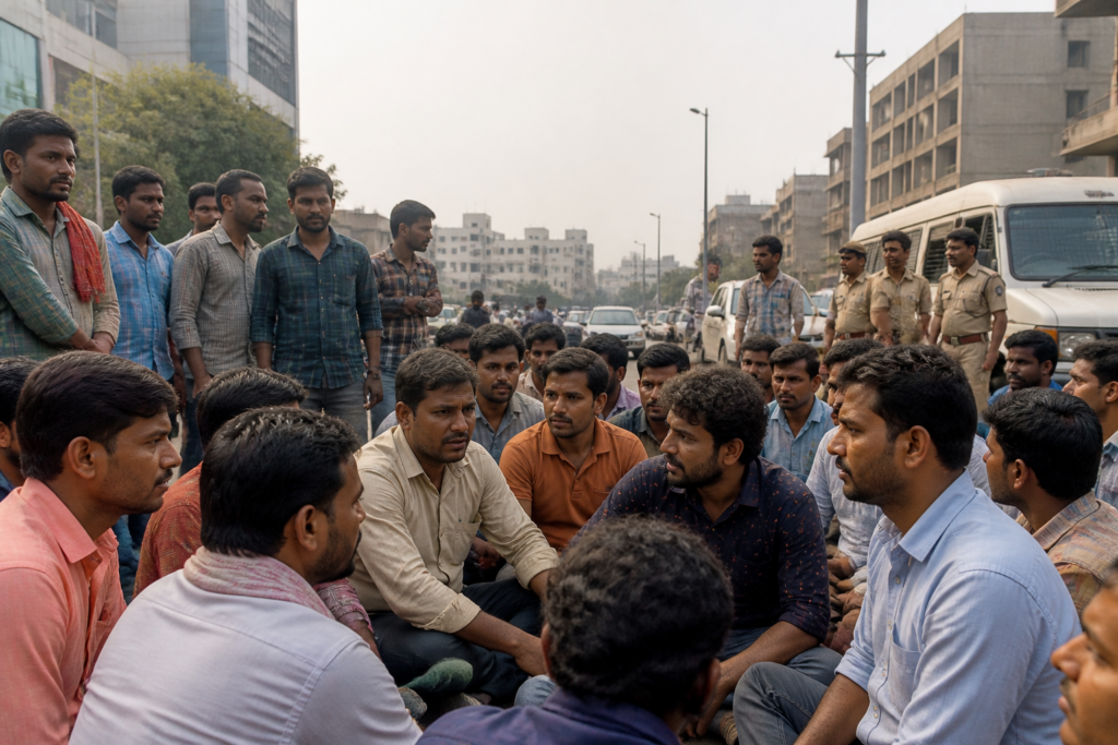 Surat textile workers and activists gathered near a city police station after a labour rights protest.
