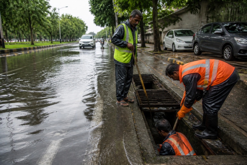 Chandigarh drain cleaning workers clearing a storm water drain beside a waterlogged road