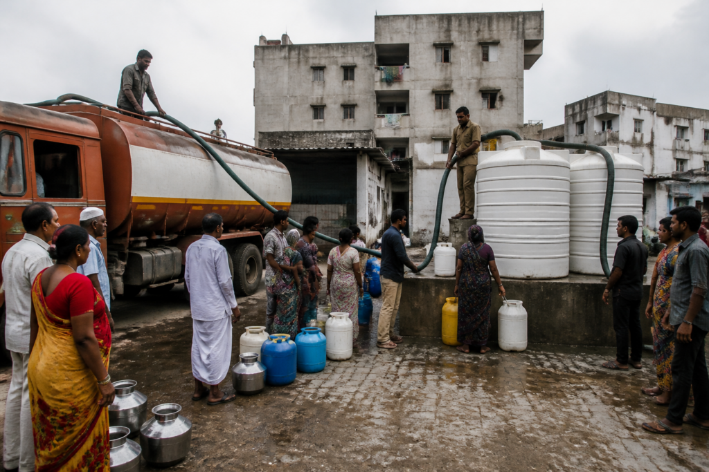 Dattanagar water supply tankers and storage tanks serving residents in Nashik