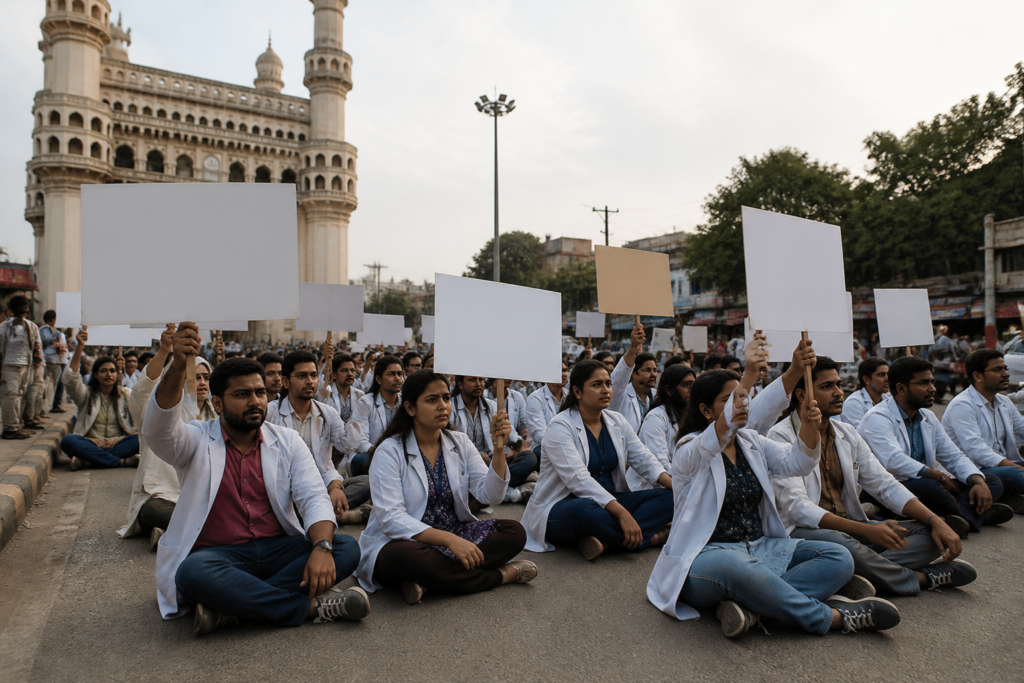 FMG interns protesting for stipend parity at Dharna Chowk in Hyderabad