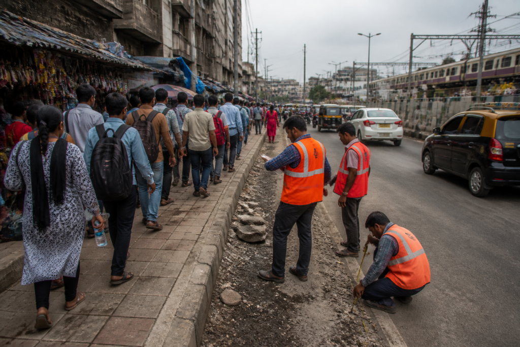 BMC road widening corridor near Santacruz station with shops and pedestrians beside a Mumbai road