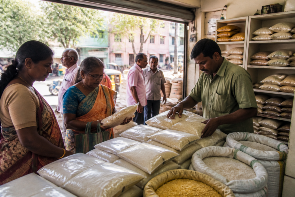 Tamil Nadu rice price display at a cooperative store with rice bags and shoppers