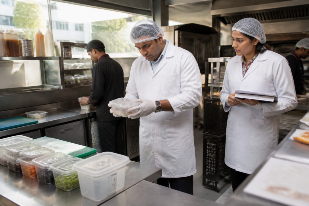 Pune food safety inspection at a restaurant kitchen with FDA officers checking hygiene conditions