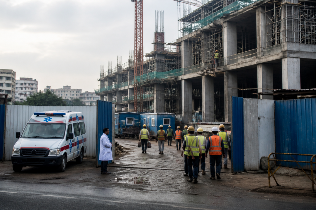 Kolkata construction site with workers and safety infrastructure