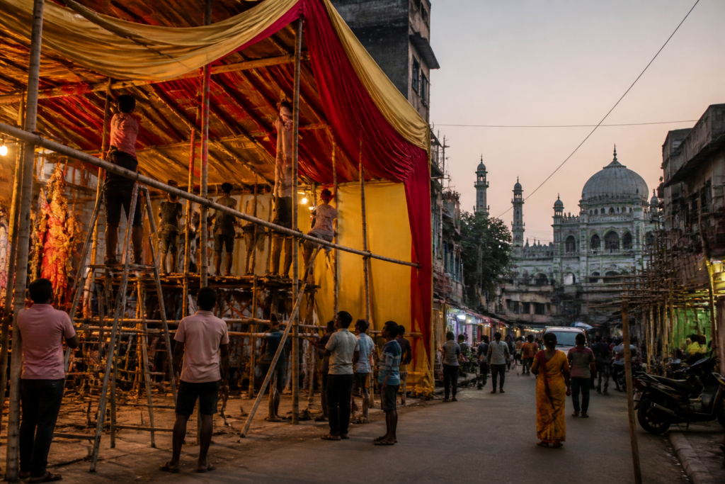 Kolkata Durga Puja committee members organising a neighbourhood pandal near a busy urban street