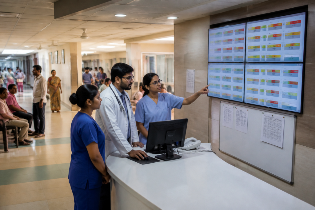 ICU bed status display inside a Kolkata hospital showing critical-care bed categories