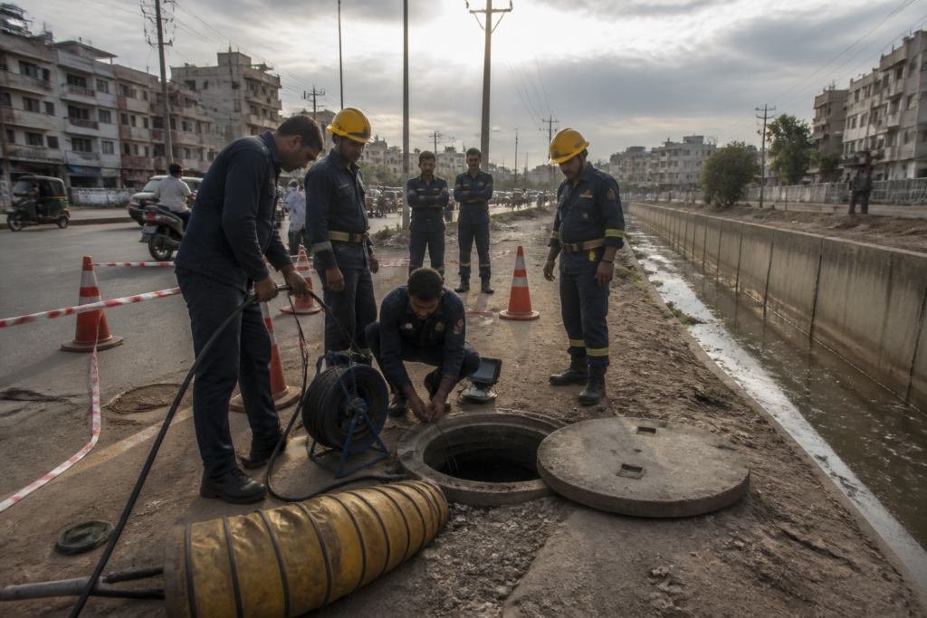 Ahmedabad drainage line near Narol-Pirana Road with municipal rescue crews and a secured manhole