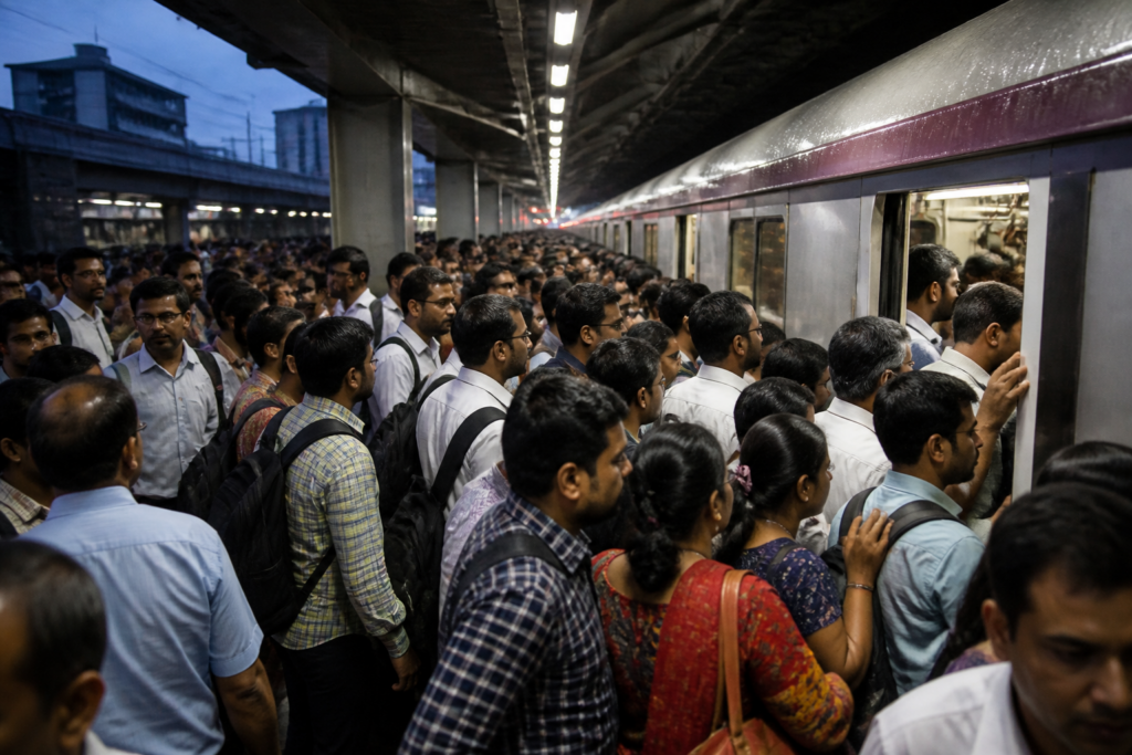 Overcrowded Kolkata Metro platform during a festive-season public transport disruption