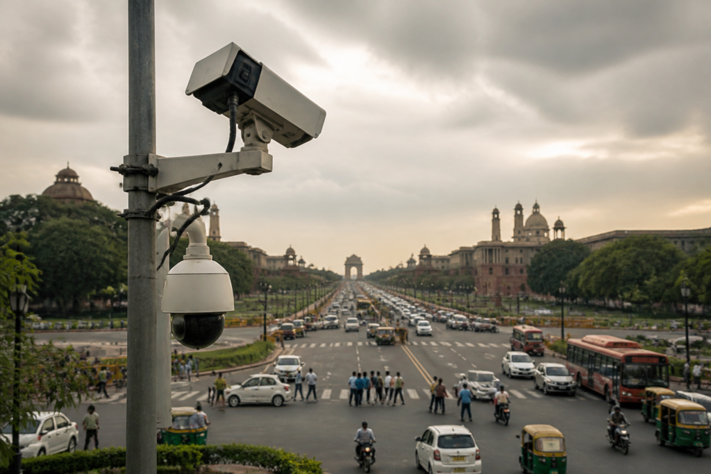 Delhi facial recognition cameras overlooking a busy Central Delhi public road