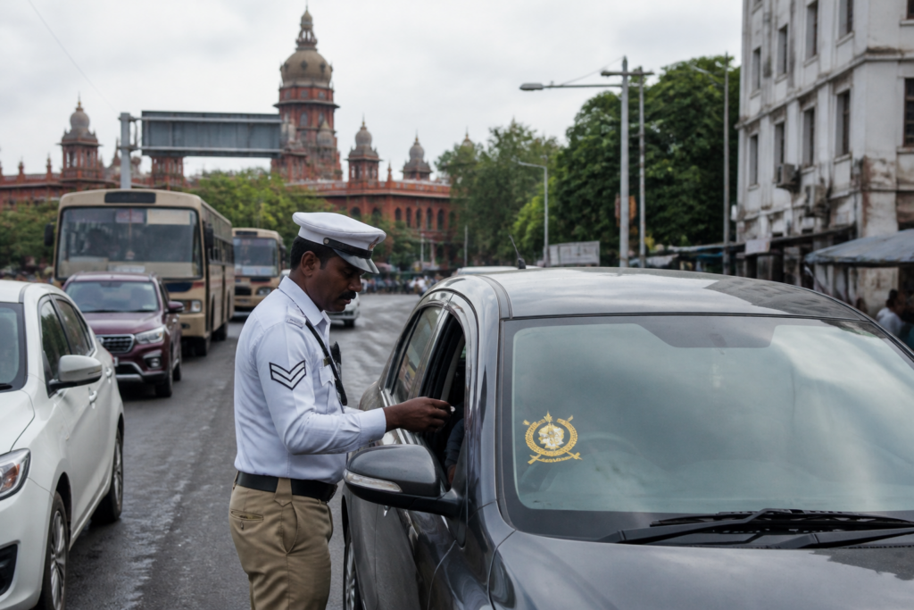 Chennai High Court vehicle stickers case involving unauthorised symbols displayed on cars
