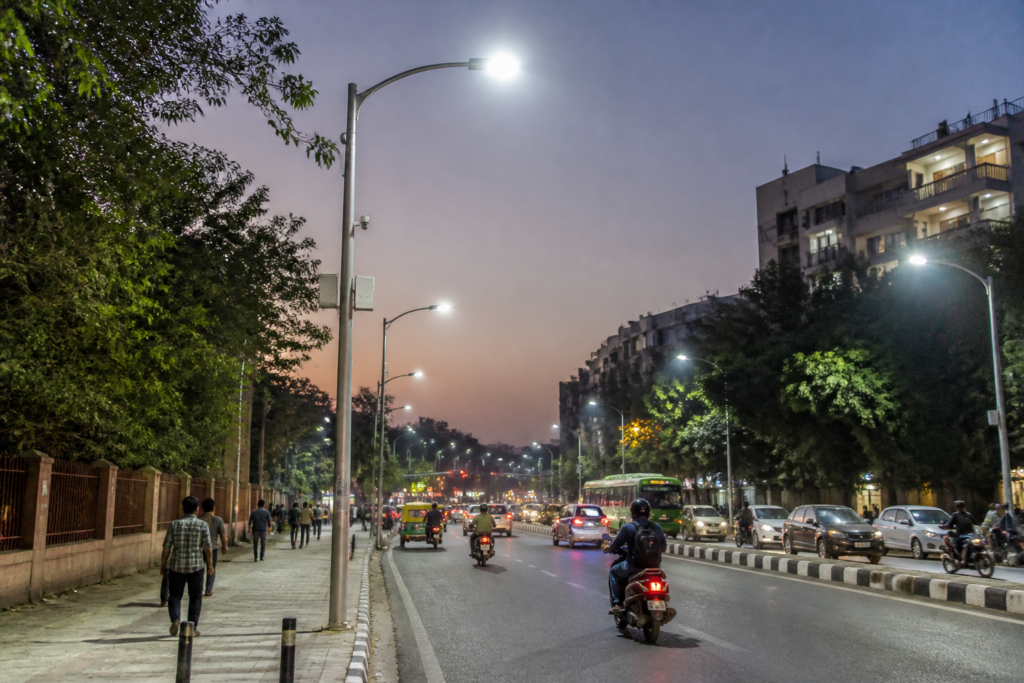 Delhi smart street lights illuminating a South Delhi road at night
