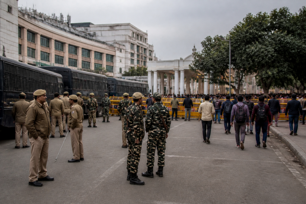 Delhi protest security personnel and barricades near Connaught Place during a planned march