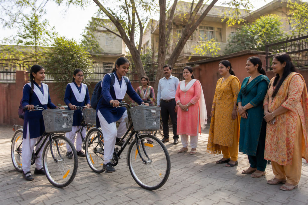 Delhi bicycle scheme bicycles displayed for girl students at a government school in Janakpuri