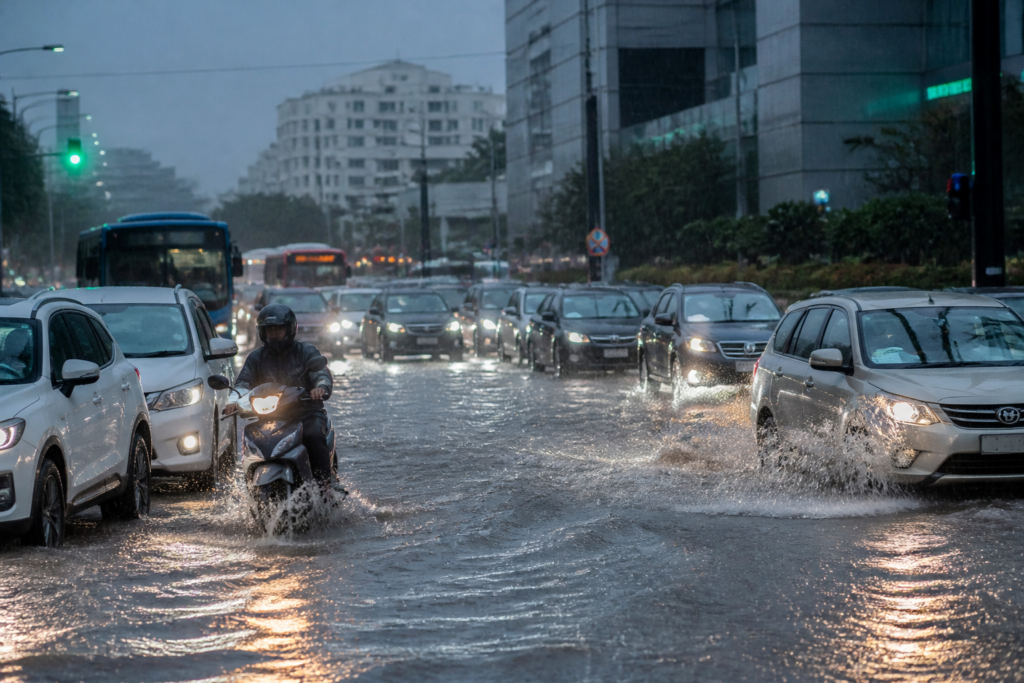 Bengaluru rain causing waterlogging and traffic congestion on a city road