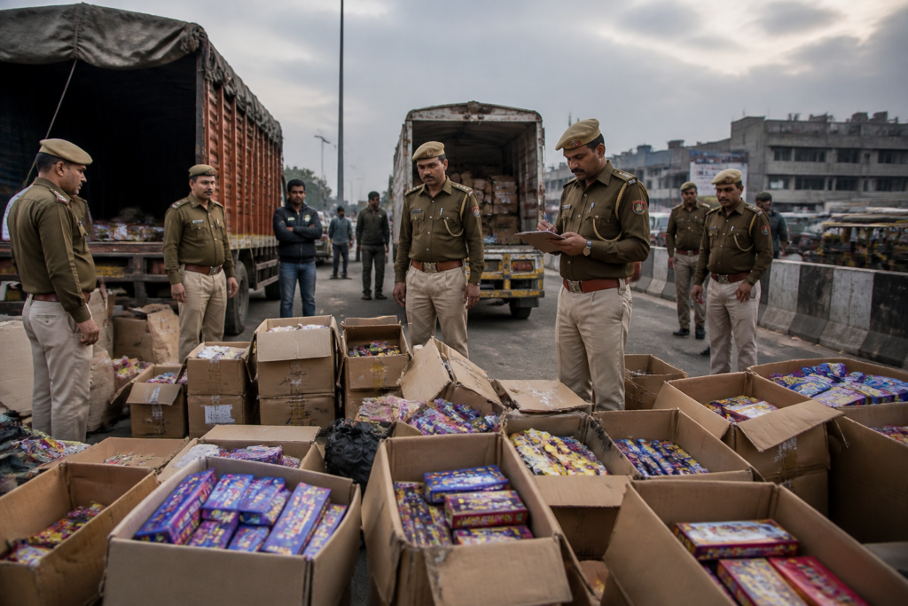 Delhi firecrackers seized by police in commercial vehicles during an enforcement operation