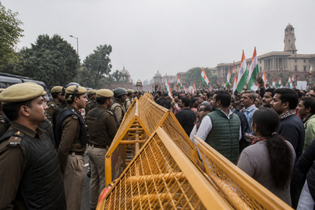 Delhi Police personnel managing a protest in New Delhi amid an FIR demand over alleged assaults