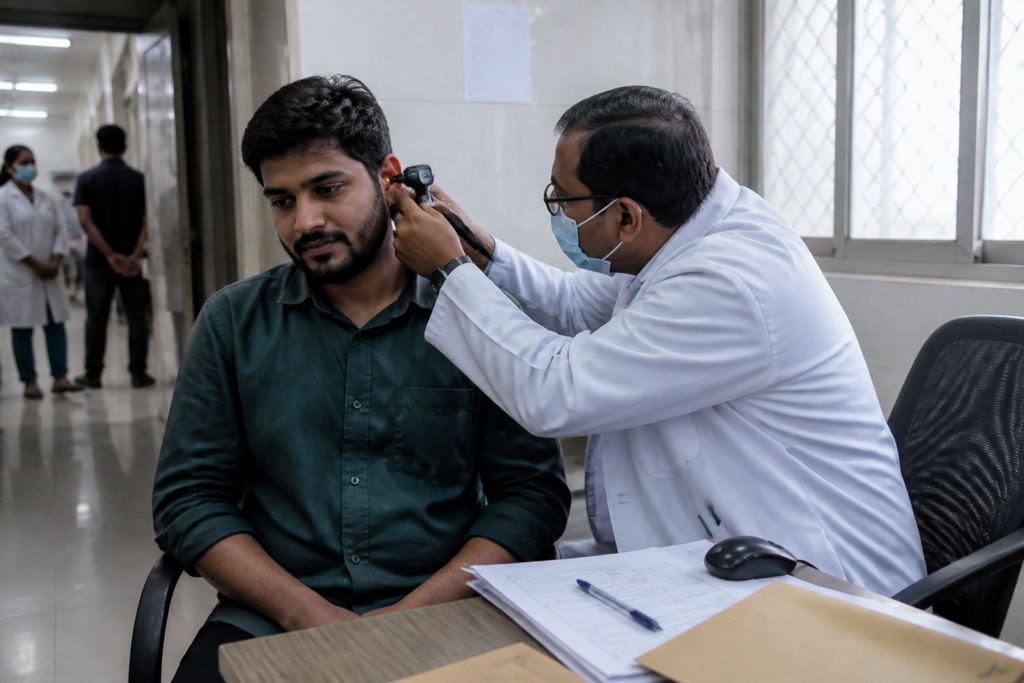 Delhi police detention protester receiving medical treatment for an ear injury