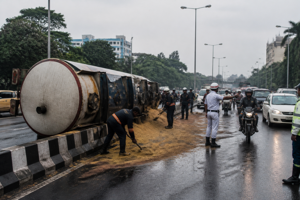 Jessore Road tanker accident scene with a fuel tanker overturned near Kolkata Airport