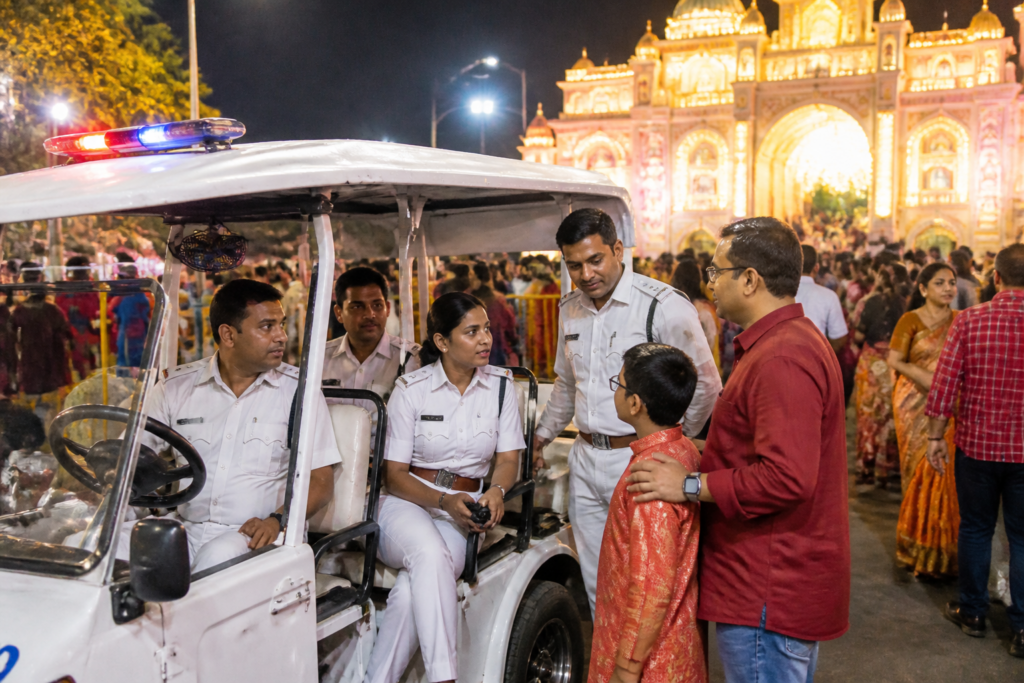 Kolkata Police Durga Puja initiative vehicle assisting visitors near a crowded pandal