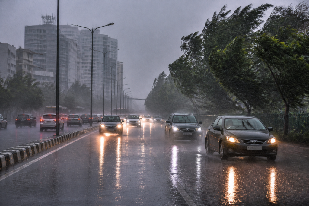 Delhi rain darkens the city as motorists drive with headlights during an intense afternoon shower.