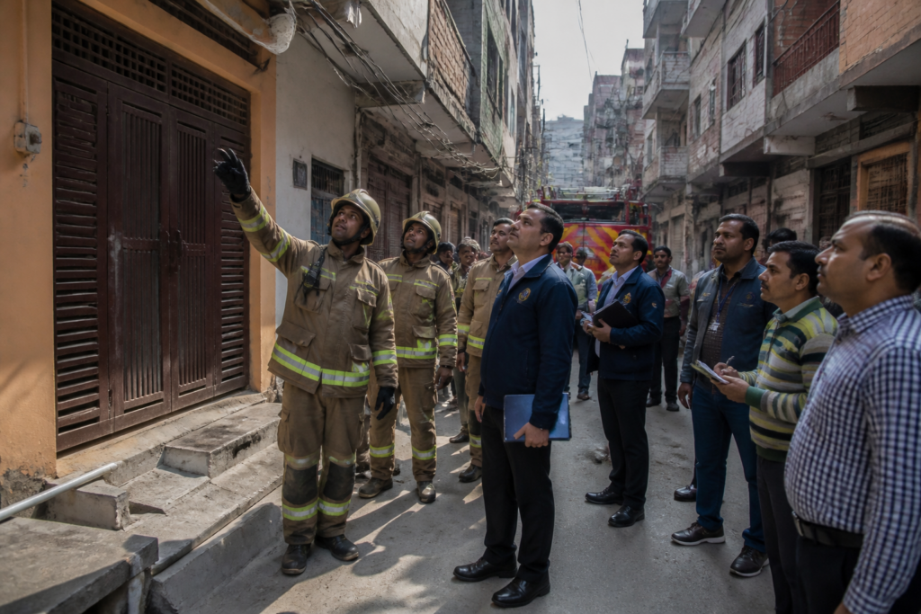 Delhi fire safety audit planning at a dense residential neighbourhood with fire engines nearby