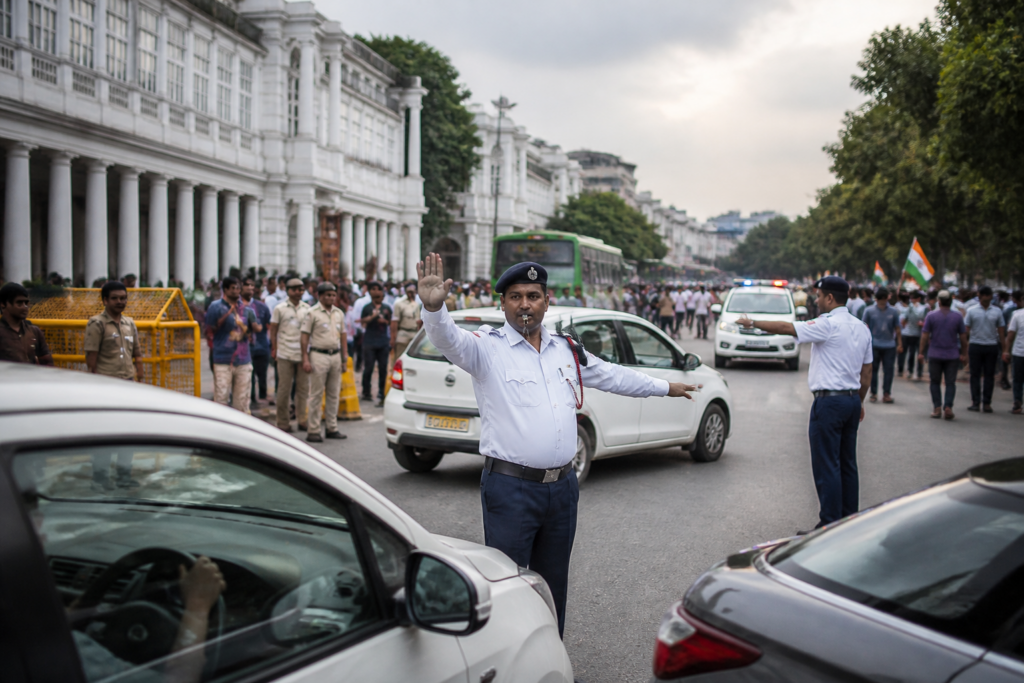 Delhi traffic advisory near Connaught Place during a public march