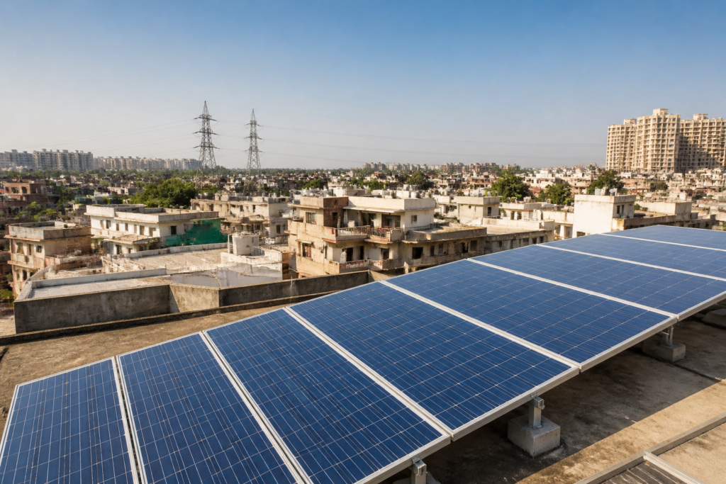 Delhi rooftop solar panels on an urban residential building under a bright sky