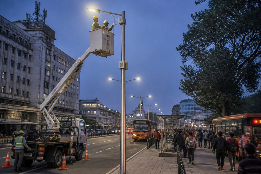 Delhi smart LED street lights being installed near an urban bus stop
