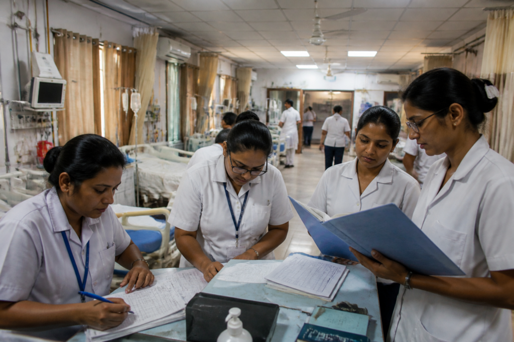 Hindu Rao Hospital nurses and hospital staff in a Delhi ward