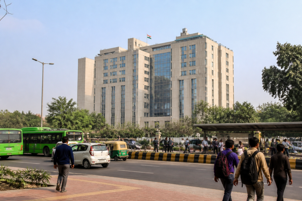 Delhi tax revenue figures presented against a city government and urban infrastructure backdrop