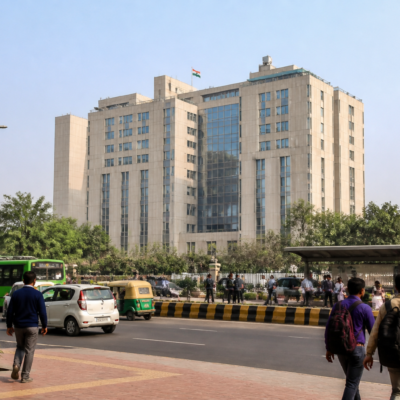 Delhi tax revenue figures presented against a city government and urban infrastructure backdrop