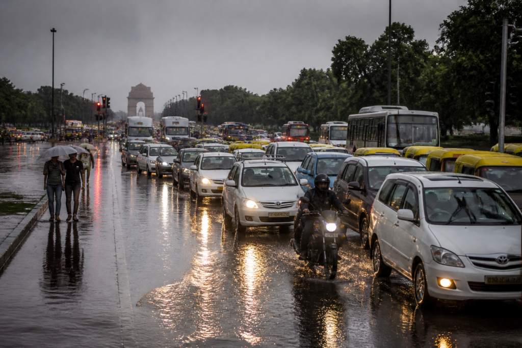 Delhi traffic congestion on a waterlogged road during heavy rain