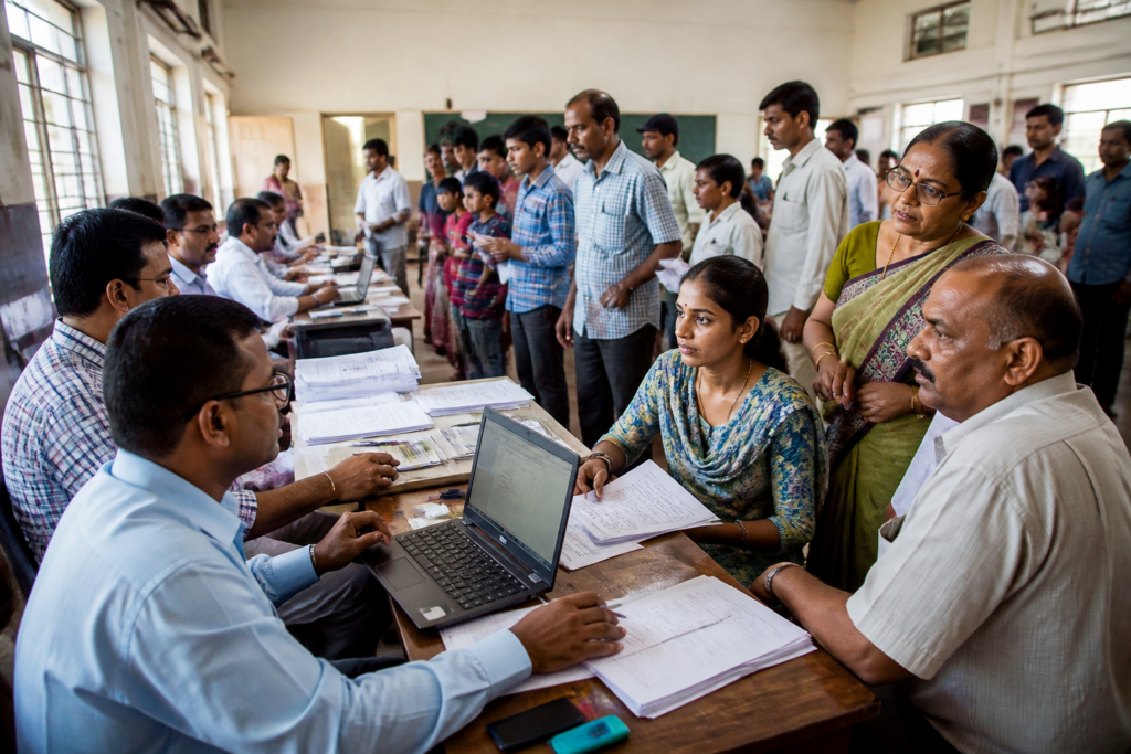 Maharashtra voter registration camps at a polling station with citizens meeting booth-level officers
