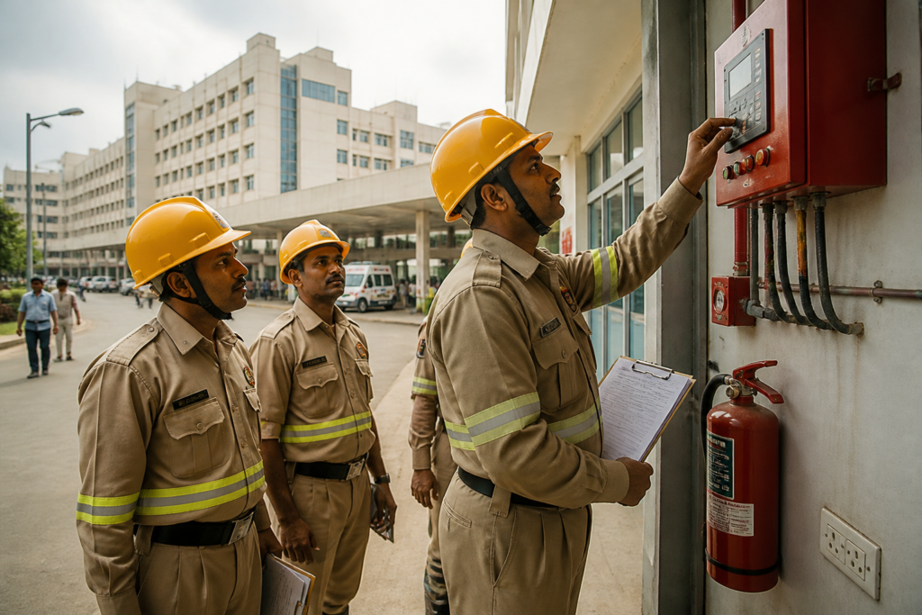 Odisha fire safety audit inspection at a public building with firefighters checking emergency equipment