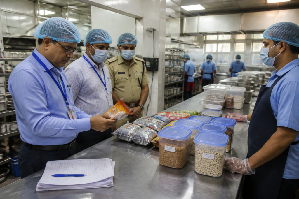 Railway catering staff preparing food in a Lucknow base kitchen during a food safety inspection