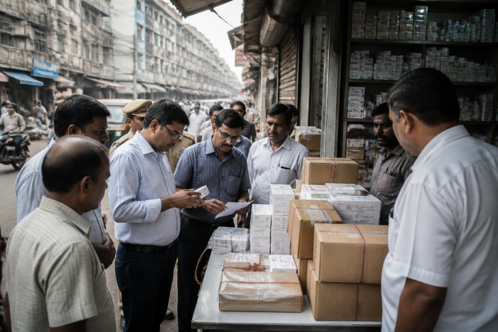 Lucknow fake medicine crackdown at an Aminabad pharmacy market