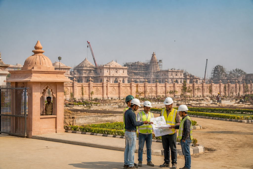 Ram Temple construction works and boundary security infrastructure at the Ayodhya complex