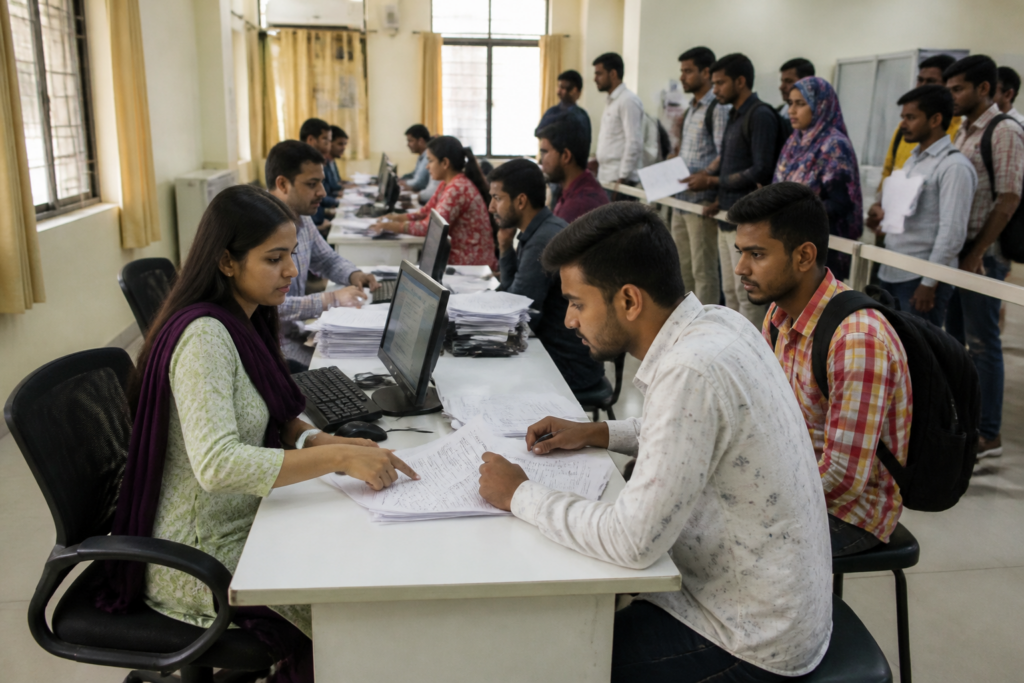 Rajasthan voter registration forms being processed at an election office
