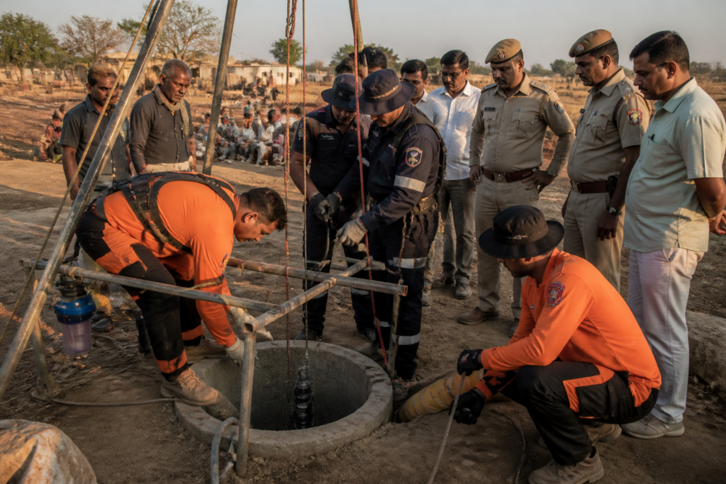 Borewell rescue operation in Phalodi with SDRF personnel working beside a farm shaft