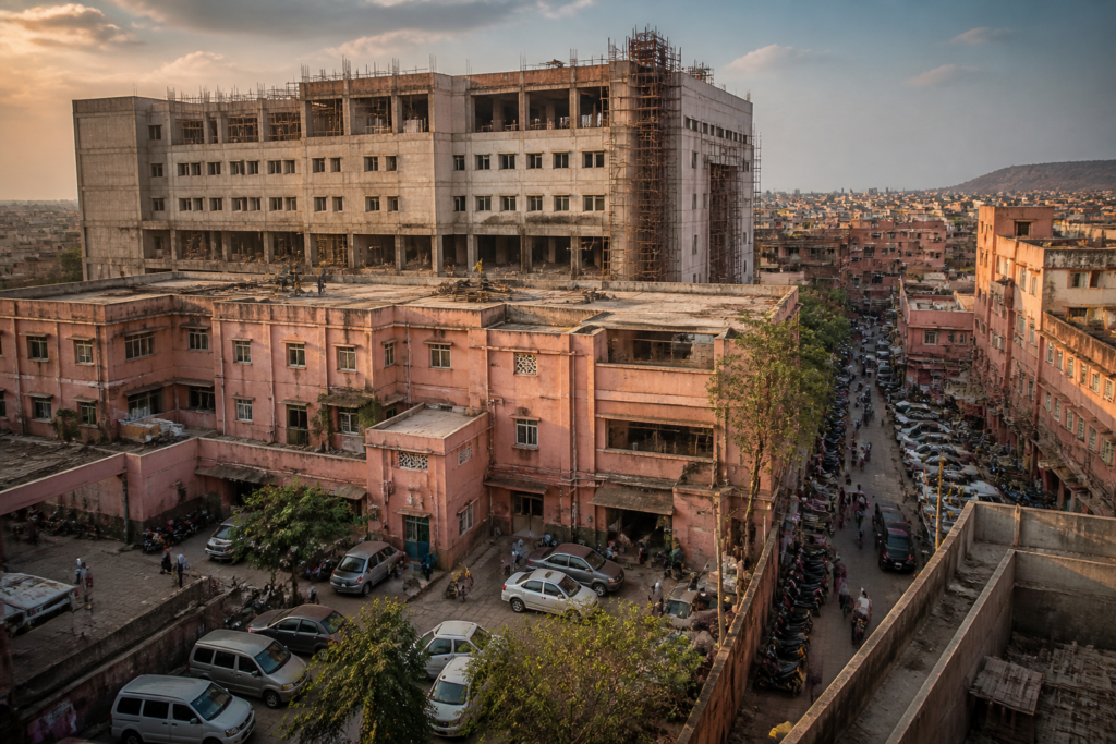 Jaipur hospital expansion site with an unfinished public hospital building in the walled city