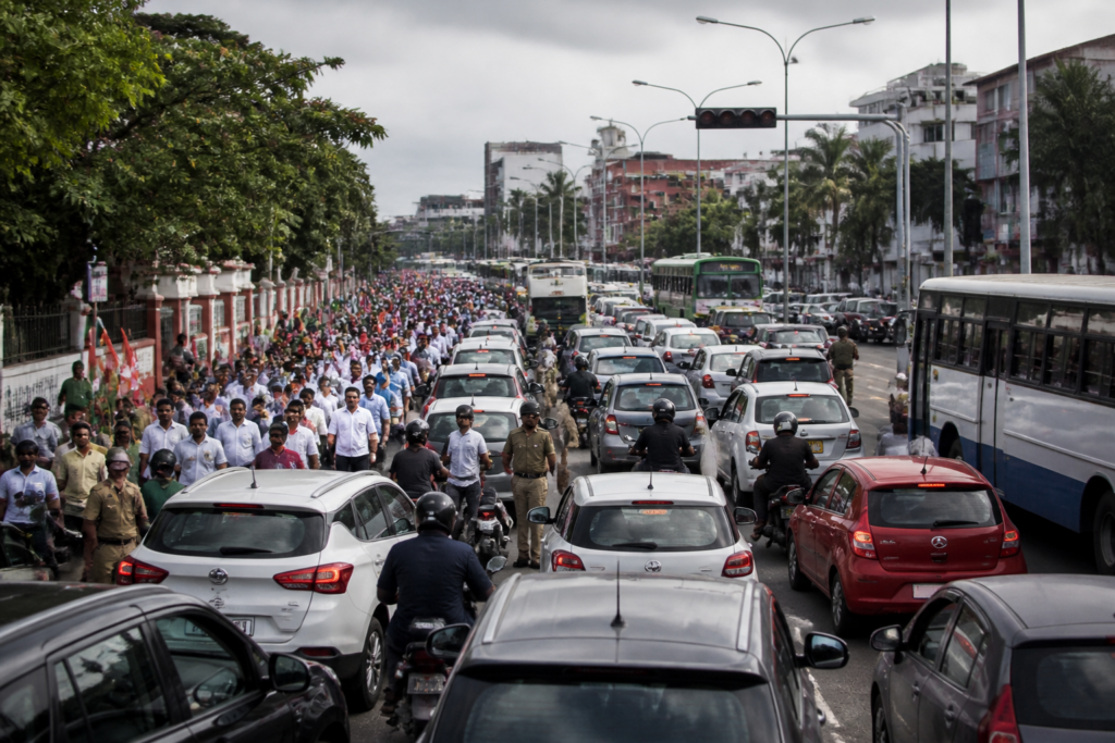 Thiruvananthapuram traffic congested near a major junction during simultaneous public marches