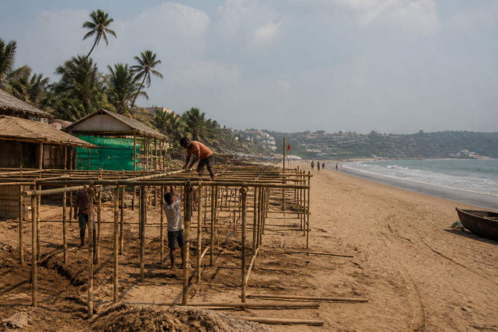 Goa beach shacks under construction along the Calangute-Candolim coastline