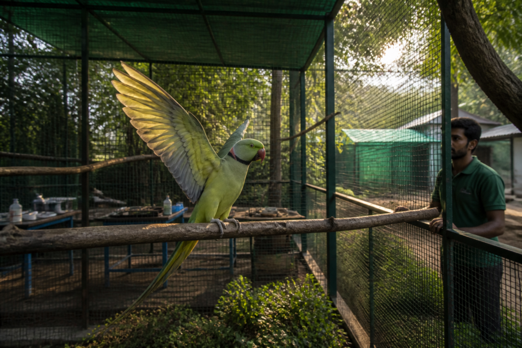 Coimbatore bird rescue workers rehabilitating a bird in a flight enclosure