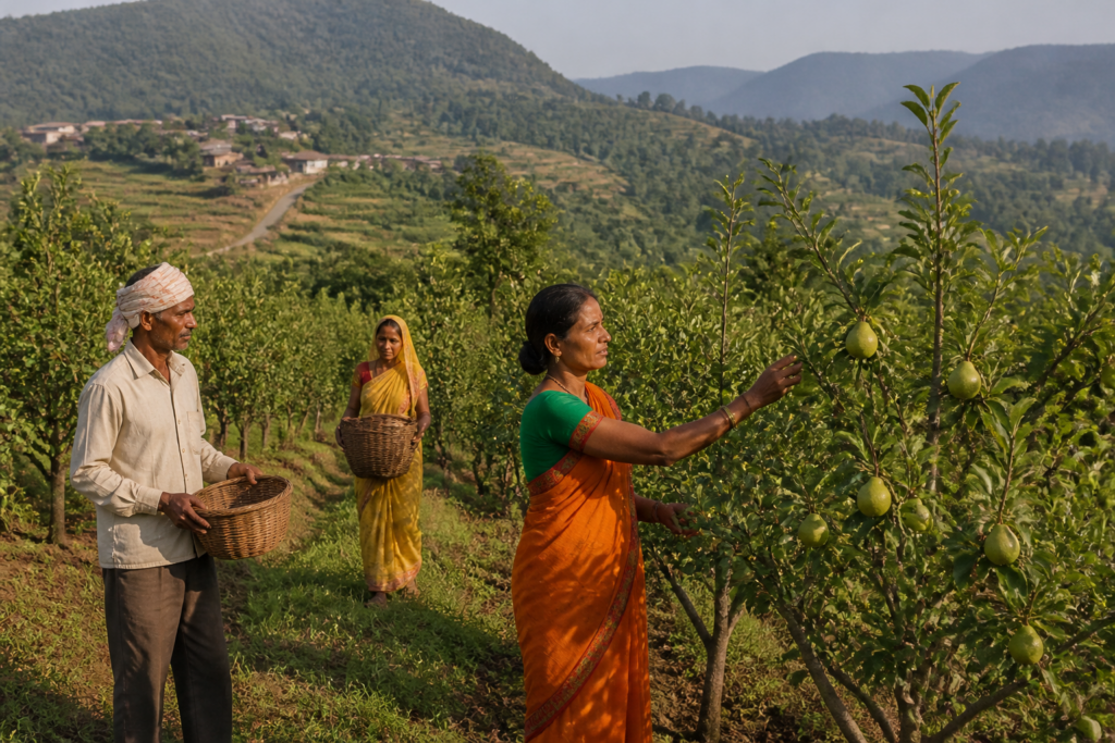Chhattisgarh tribal farmers tending pear and fruit orchards in Jashpur