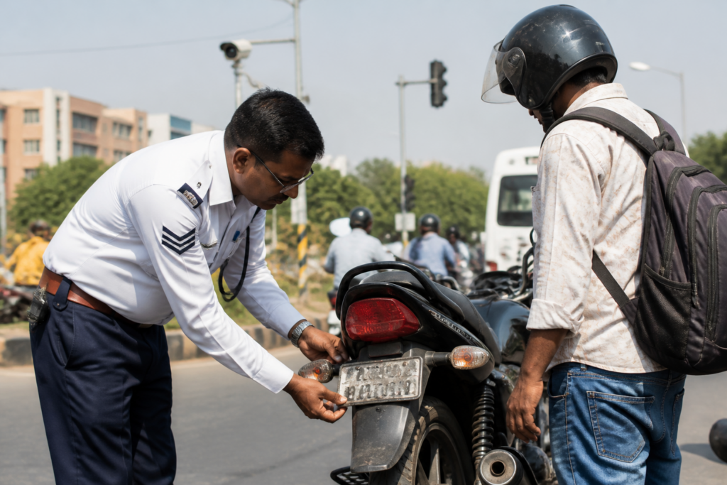 Bhopal e-challans enforcement during a traffic police check of a two-wheeler number plate