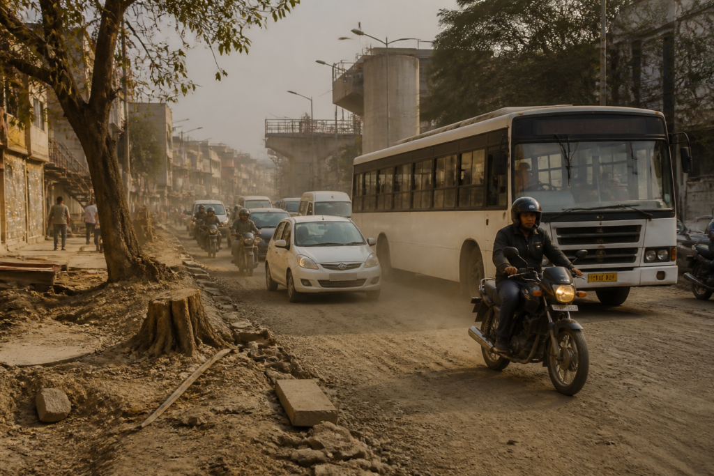 Bhopal Metro construction dust covering a busy road near BHEL shops and traffic