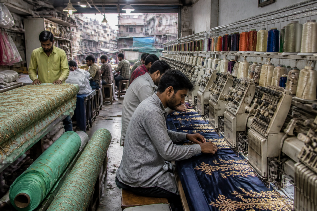 Surat embroidery workers in an industrial jobwork unit